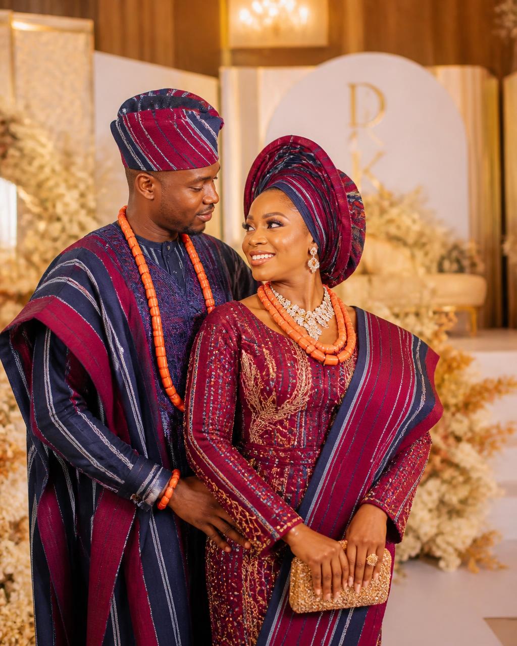 Traditional Nigerian wedding couple in aso-oke